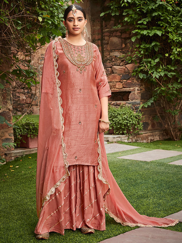 Peach Silk Straight Zardozi Work Sharara Set