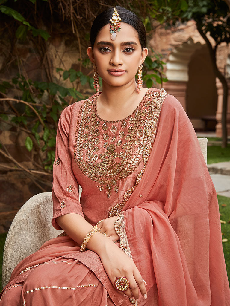 Peach Silk Straight Zardozi Work Sharara Set