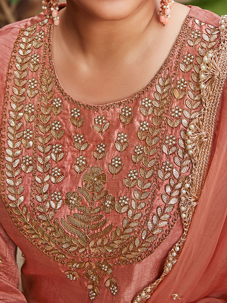 Peach Silk Straight Zardozi Work Sharara Set