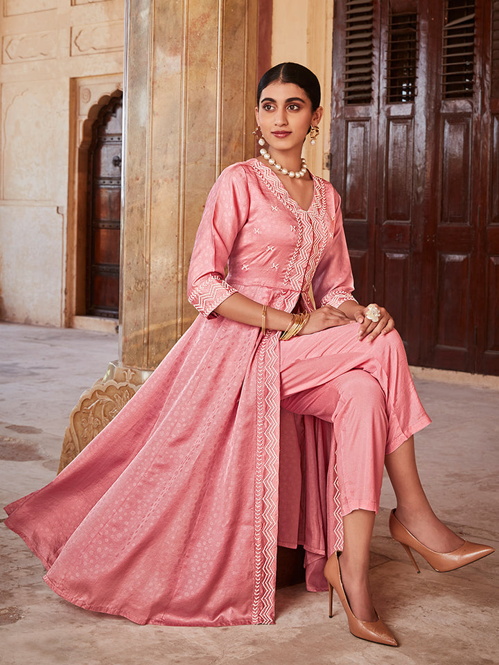 Rouge Pink Jacquard Front-Slit Kurta With Solid Palazzo