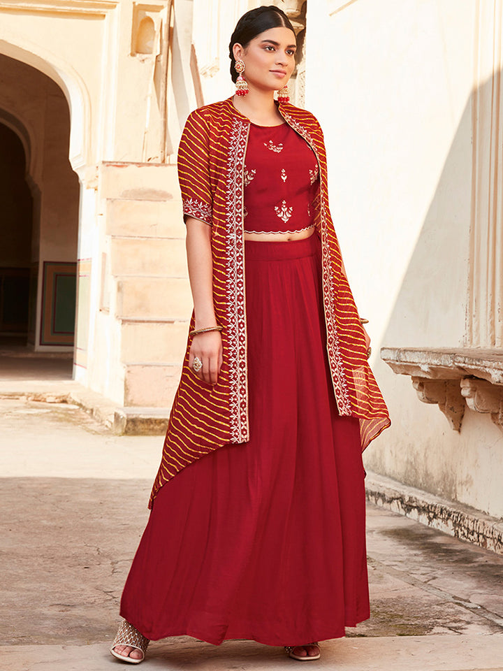 Red Gota Patti Embroidered Skirt Set With Bandhej Shrug