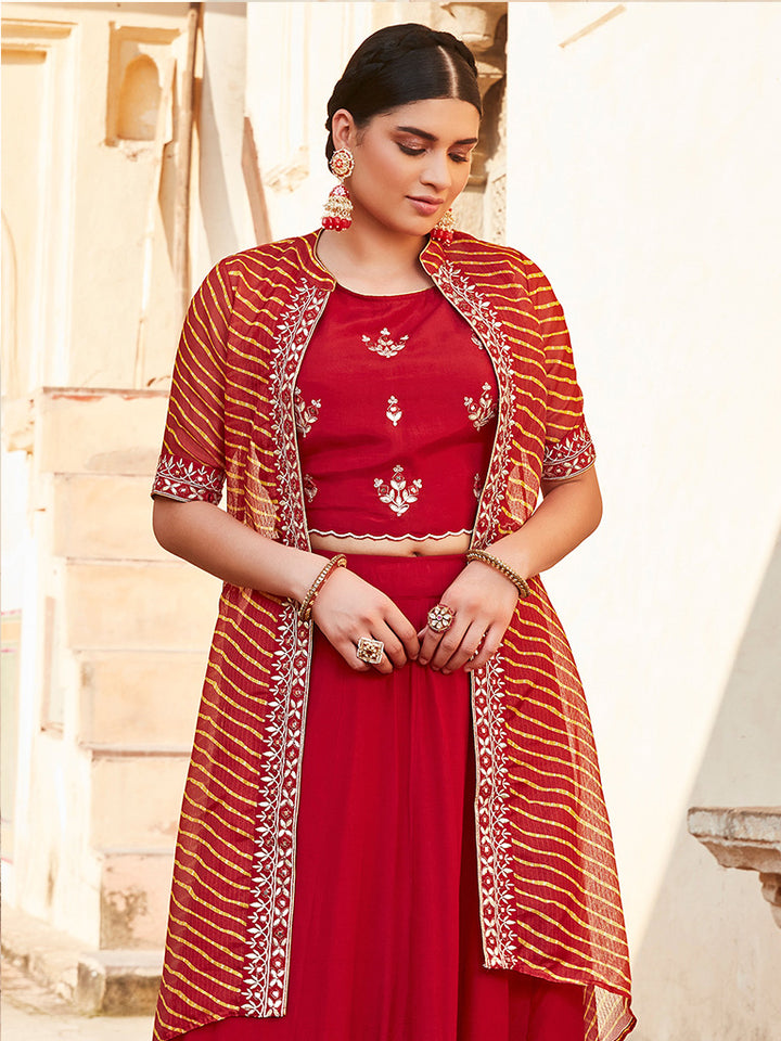 Red Gota Patti Embroidered Skirt Set With Bandhej Shrug