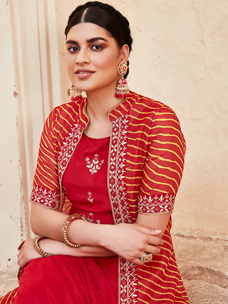 Red Gota Patti Embroidered Skirt Set With Bandhej Shrug