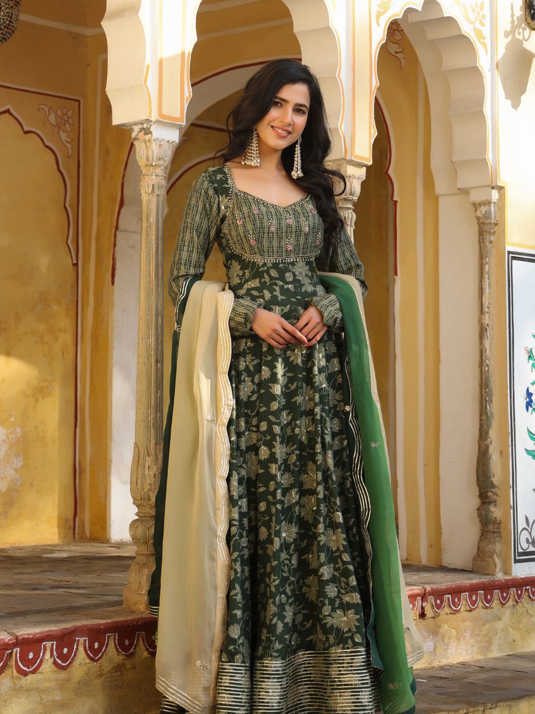 Abeela-Green-Printed-Gown-With-Shaded-Dupatta