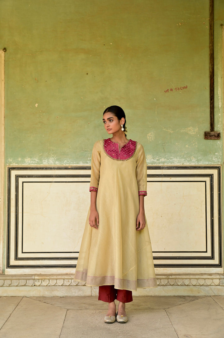 Afreen Golden Tissue Fabric Anarkali Kurta & Pant