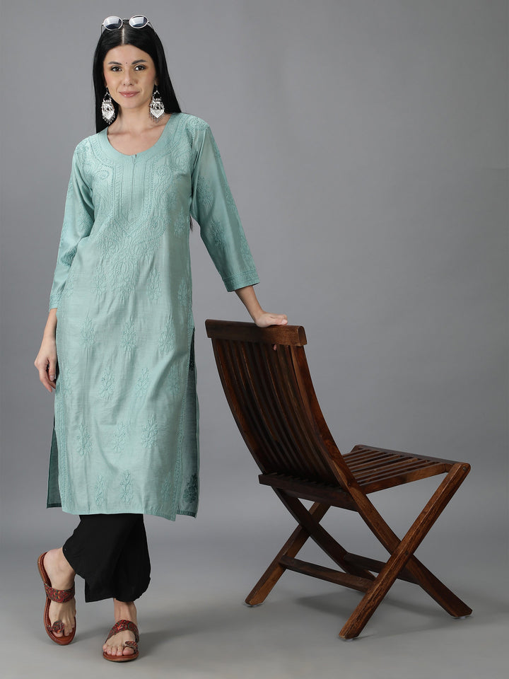 Agean-Teal-Colored-Chanderi-Chikankari-Kurta