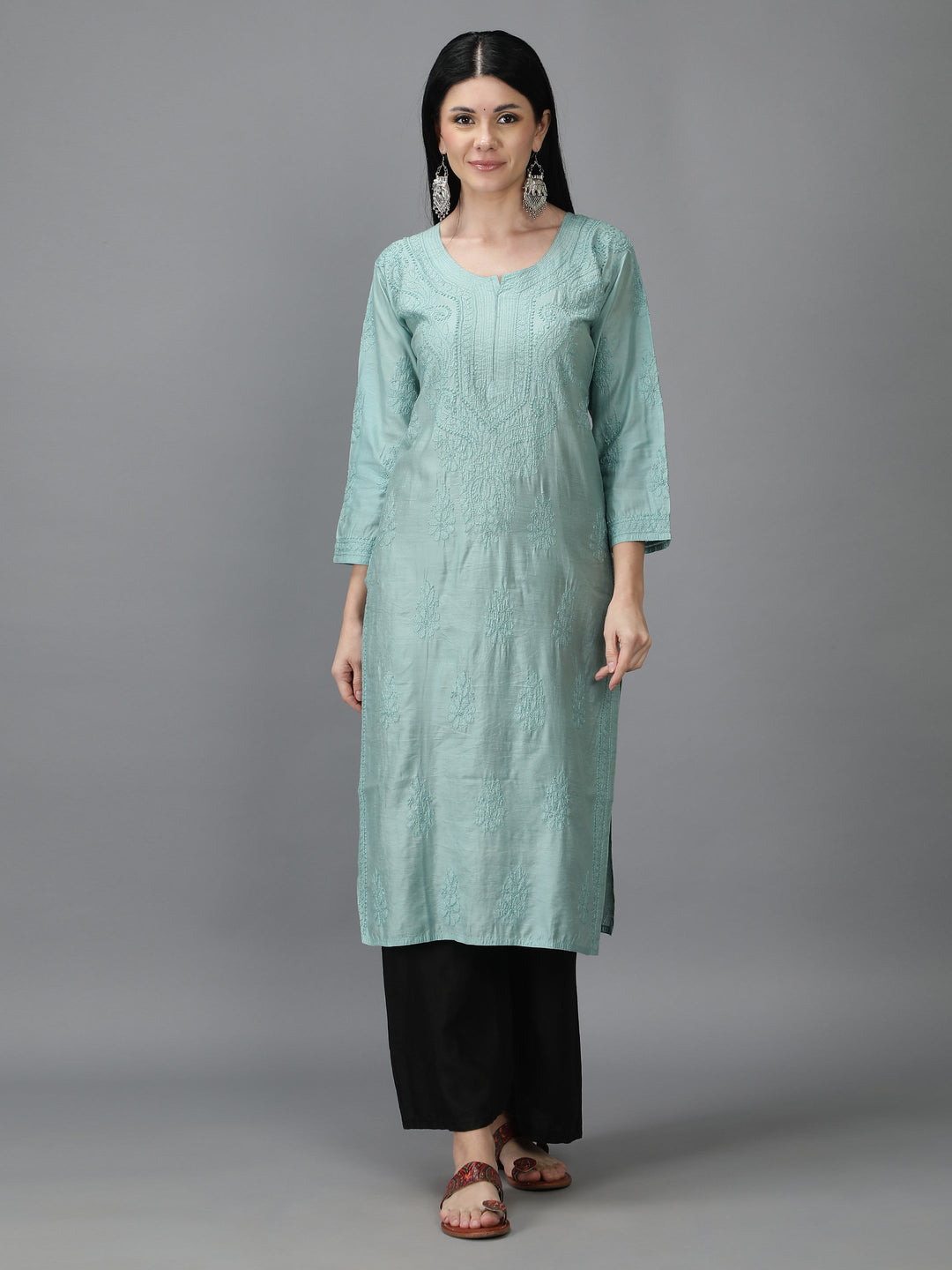 Agean-Teal-Colored-Chanderi-Chikankari-Kurta