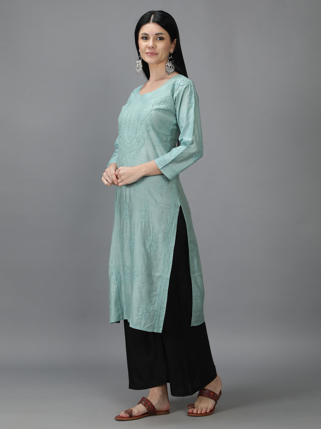 Agean-Teal-Colored-Chanderi-Chikankari-Kurta