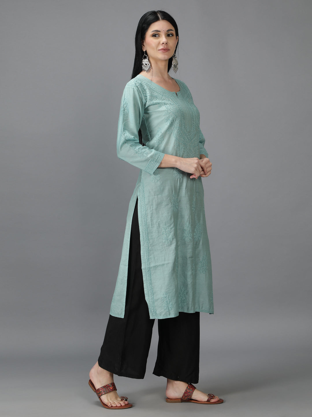 Agean-Teal-Colored-Chanderi-Chikankari-Kurta