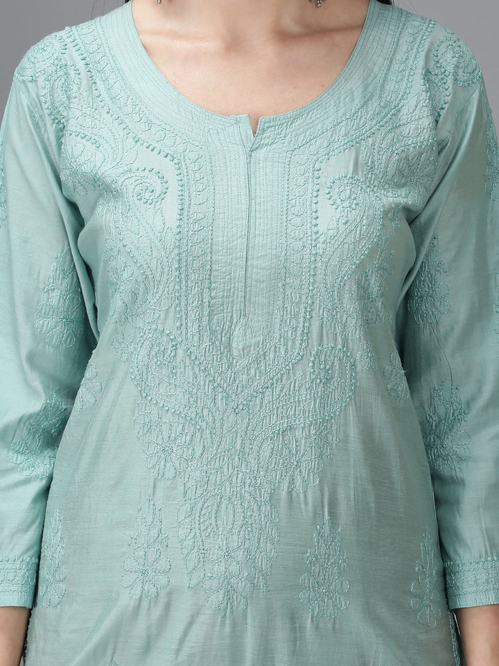 Agean-Teal-Colored-Chanderi-Chikankari-Kurta