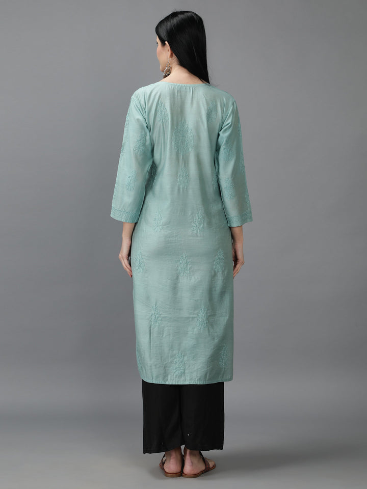 Agean-Teal-Colored-Chanderi-Chikankari-Kurta