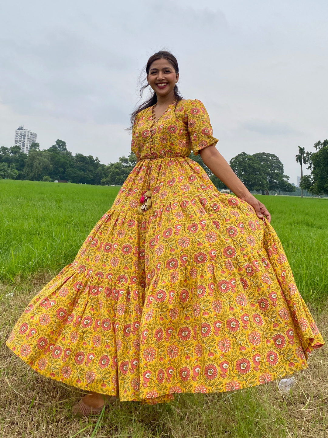 Amber Yellow Cotton Printed Long Tiered Dress