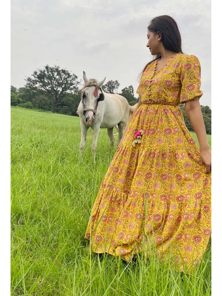 Amber Yellow Cotton Printed Long Tiered Dress