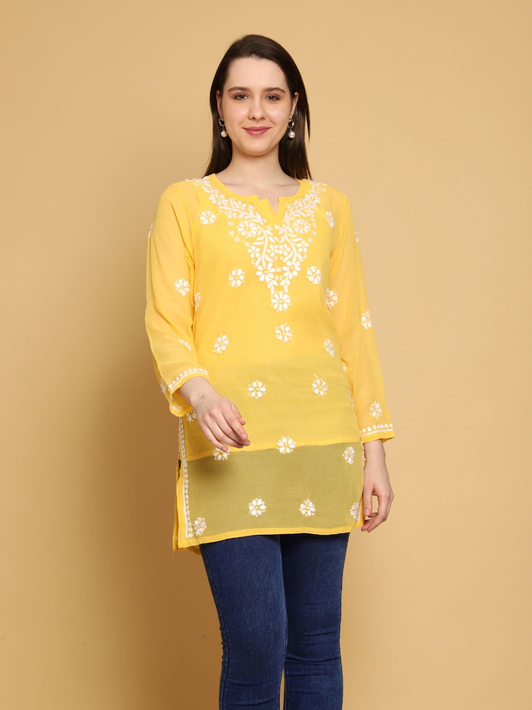 Amber-Yellow-Poly-Georgette-Tunic-Kurti-&-Slip