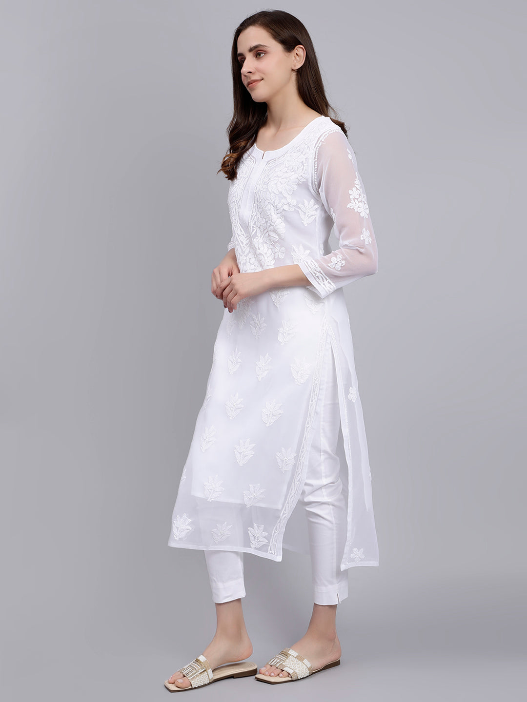 Angel White Georgette Chikankari Kurti with Slip