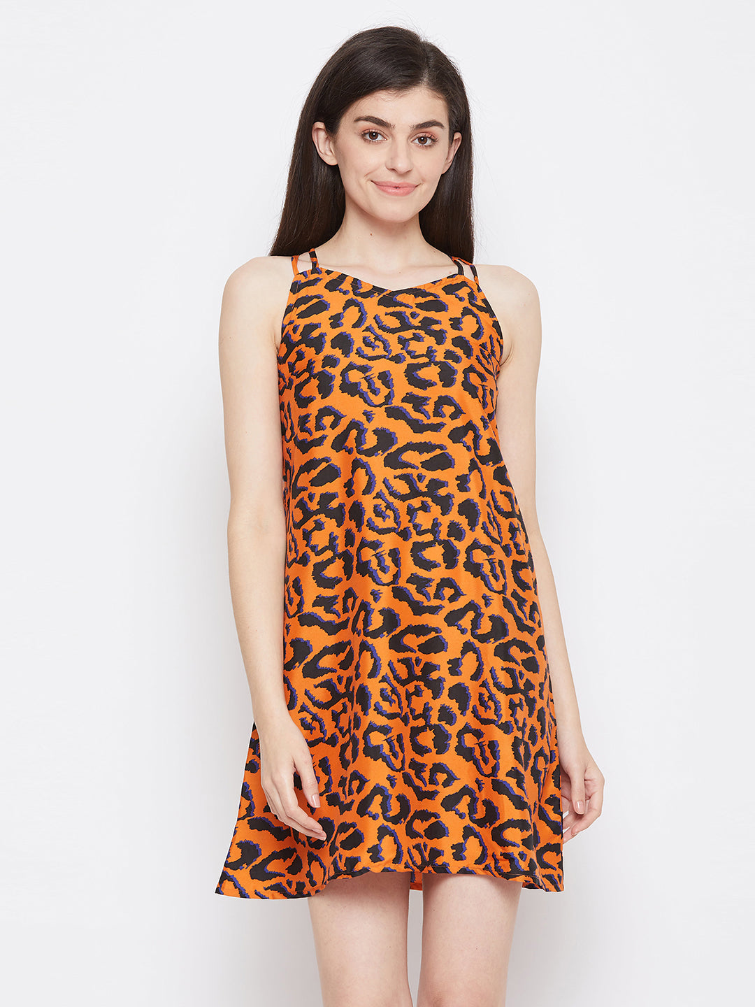 Animal Print Short Nightdress In Orange