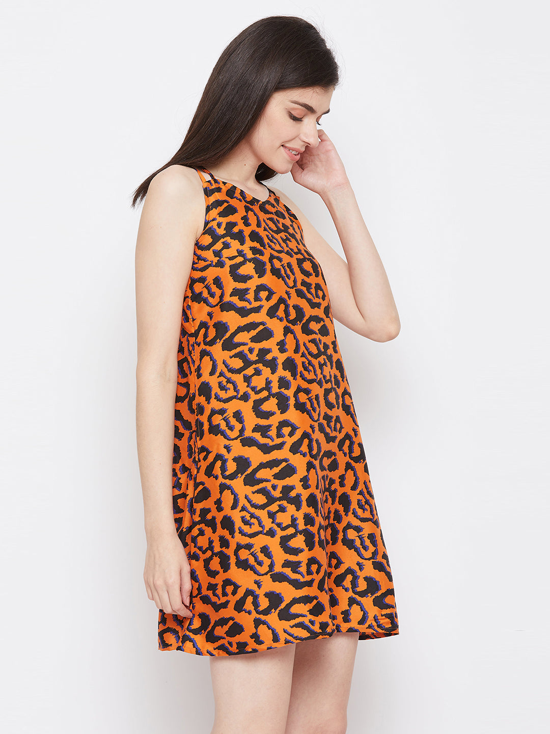 Animal Print Short Nightdress In Orange