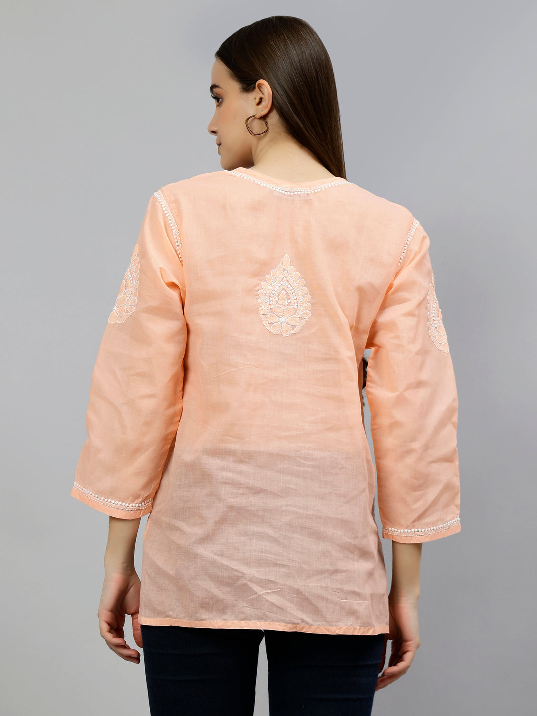Apricot Peach Terivoil Cotton Embroidered Chikankari Tunic