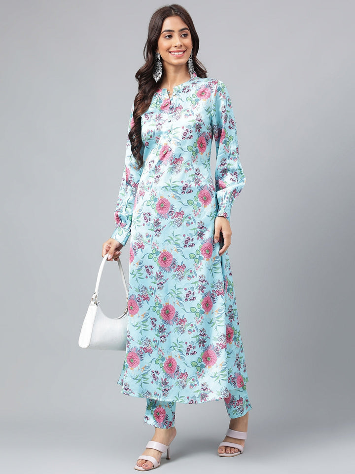 Aqua Blue Satin Digital Floral Printed Kurta Set