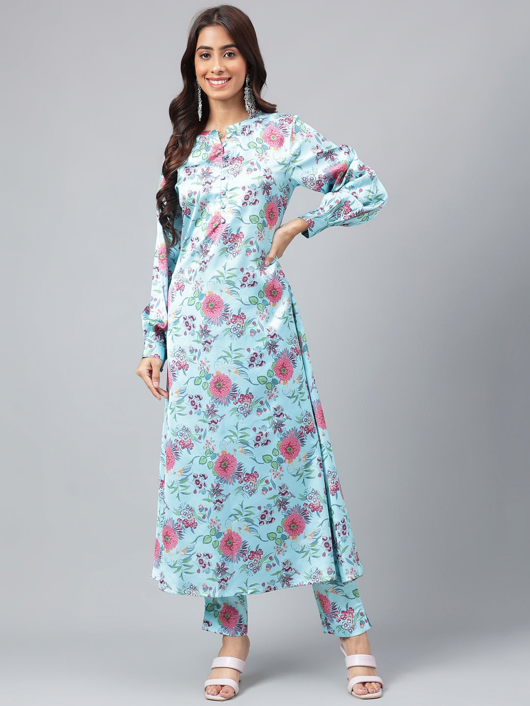 Aqua Blue Satin Digital Floral Printed Kurta Set