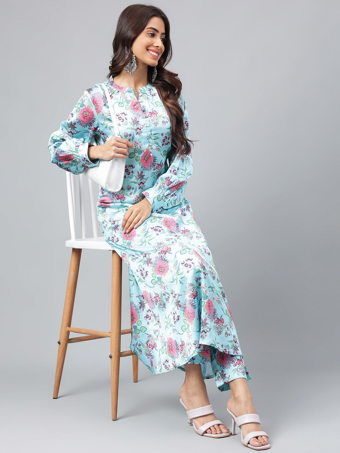 Aqua Blue Satin Digital Floral Printed Kurta Set