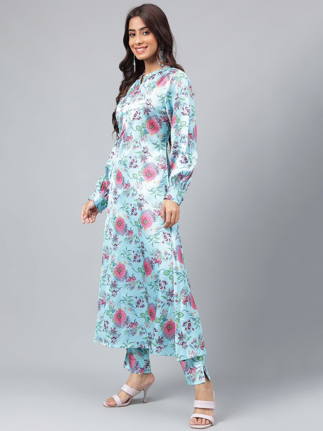 Aqua Blue Satin Digital Floral Printed Kurta Set