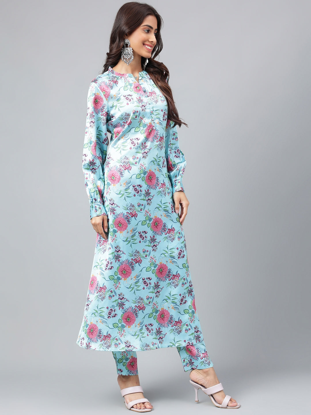 Aqua Blue Satin Digital Floral Printed Kurta Set