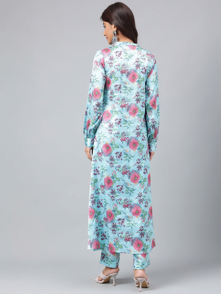 Aqua Blue Satin Digital Floral Printed Kurta Set