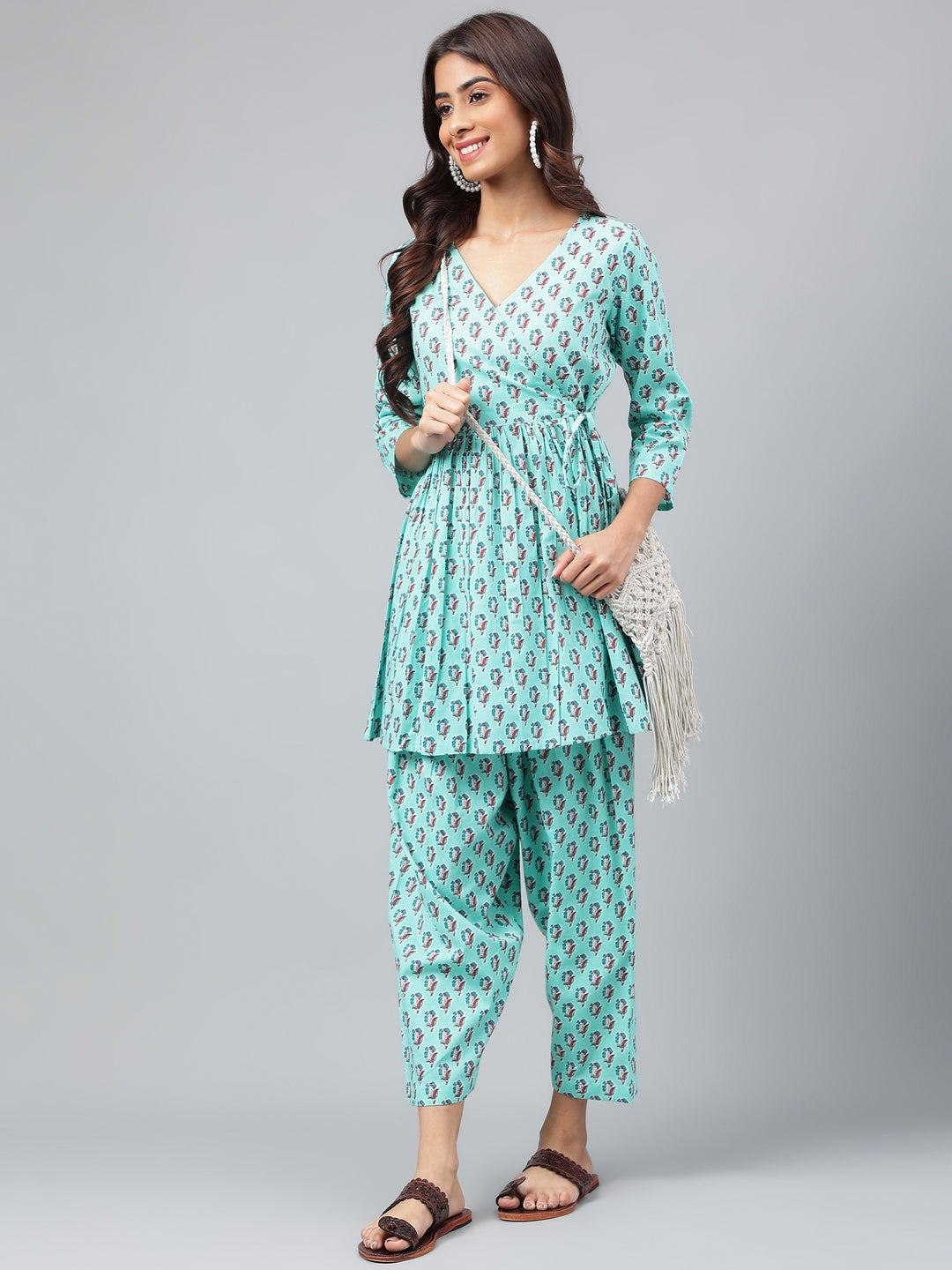 Aqua Green Cotton Floral Ethnic Motif Printed Kurta Set