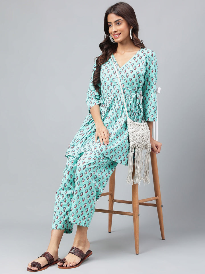 Aqua Green Cotton Floral Ethnic Motif Printed Kurta Set