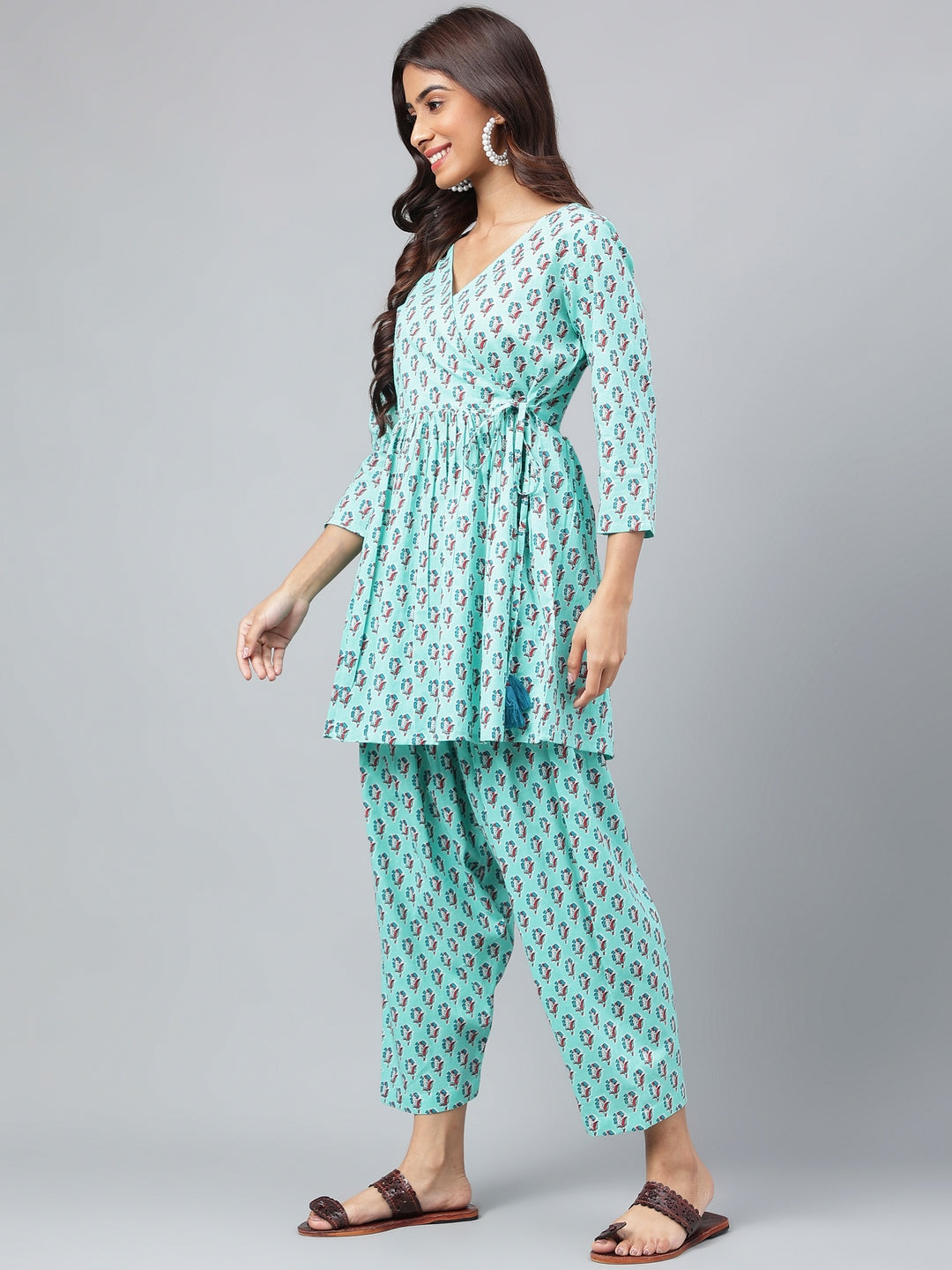 Aqua Green Cotton Floral Ethnic Motif Printed Kurta Set