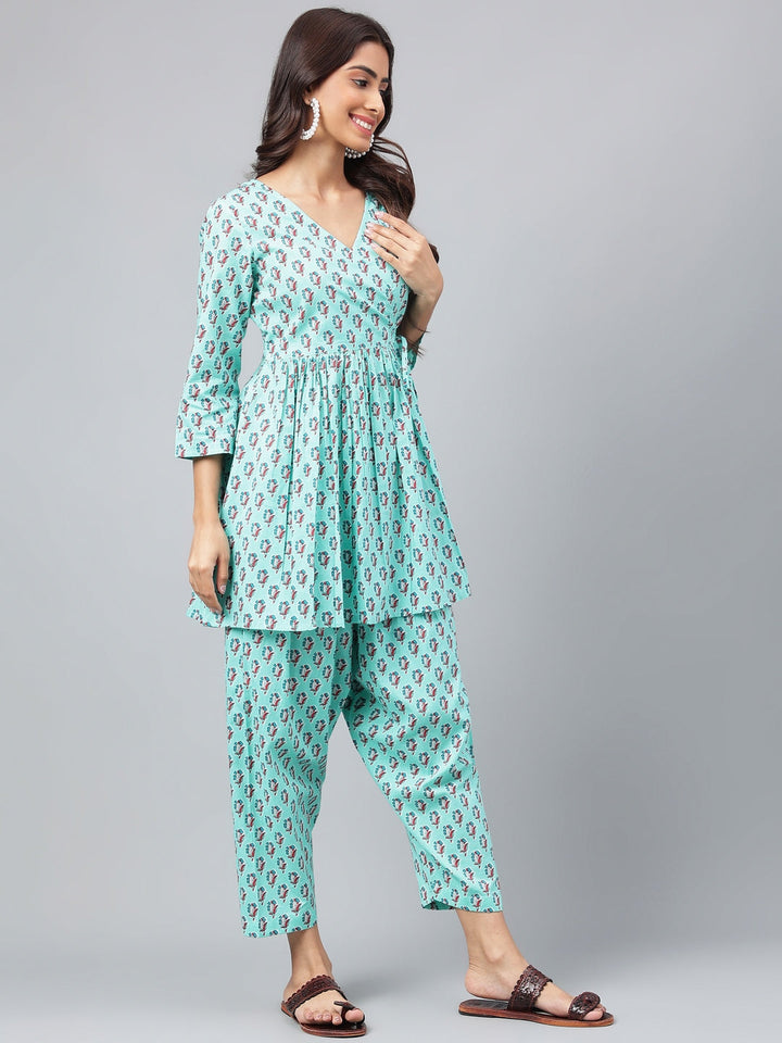 Aqua Green Cotton Floral Ethnic Motif Printed Kurta Set