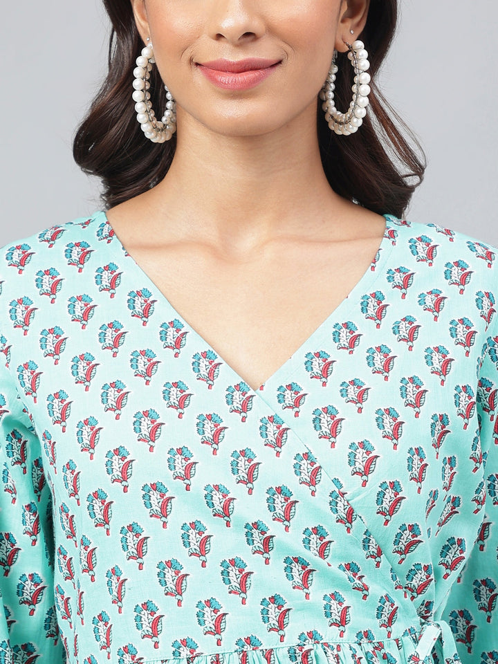 Aqua Green Cotton Floral Ethnic Motif Printed Kurta Set