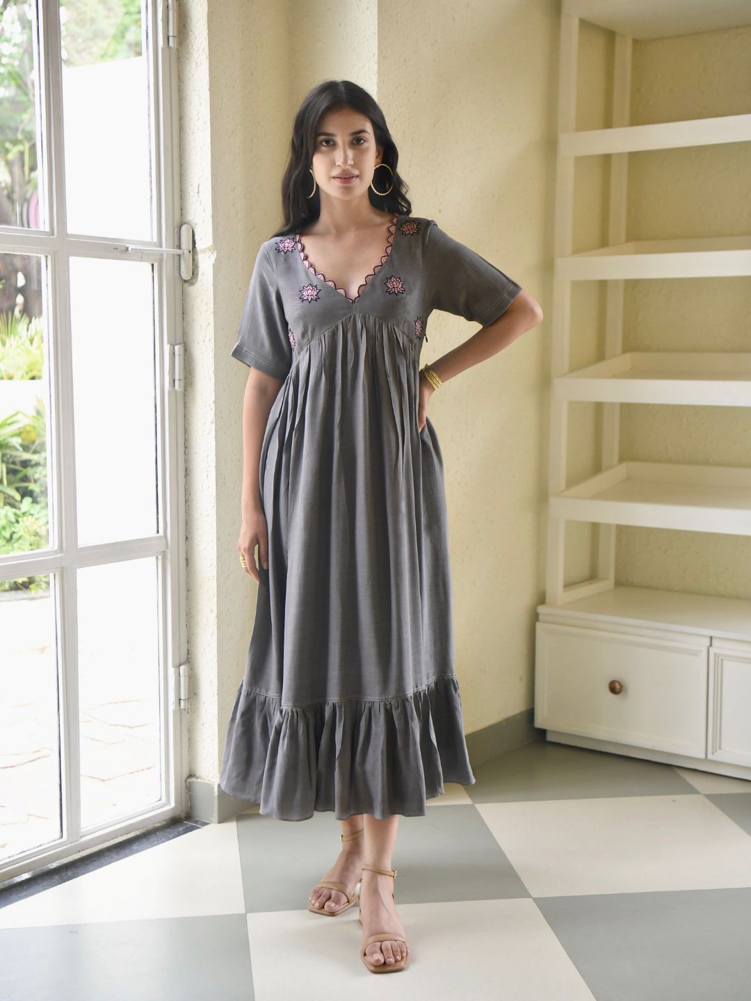 Ashed-Lily-Grey-Banglori-Silk-Gathered-Dress