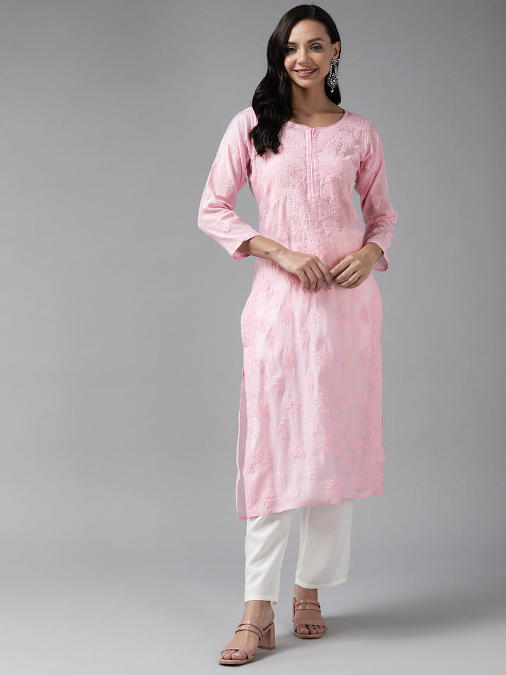 Baby Pink Chanderi Artisan Embroidered Chikankari Kurta