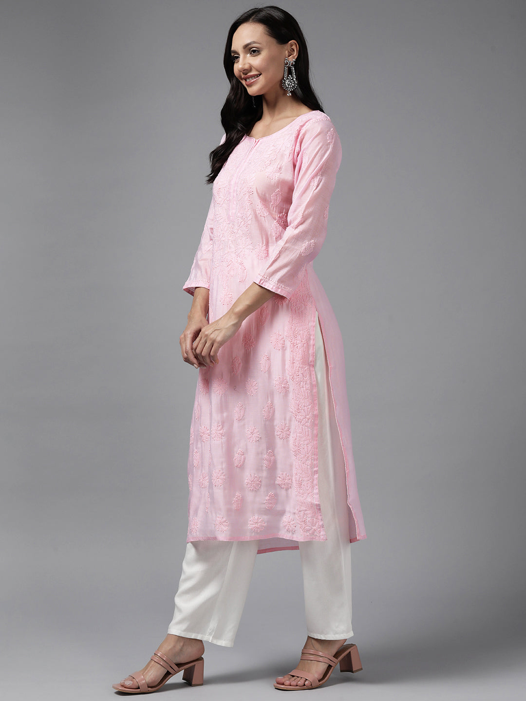 Baby Pink Chanderi Artisan Embroidered Chikankari Kurta