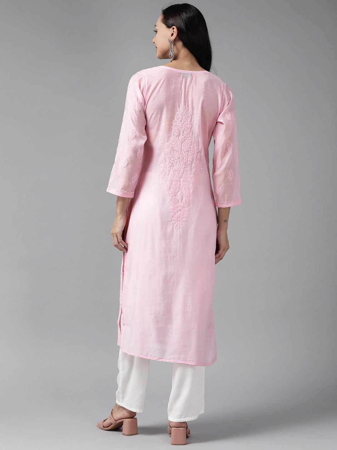 Baby Pink Chanderi Artisan Embroidered Chikankari Kurta