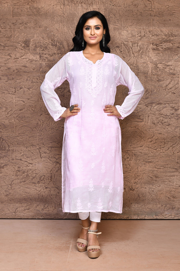 Baby Pink Chikankari Kurta With Voil Cotton Lining