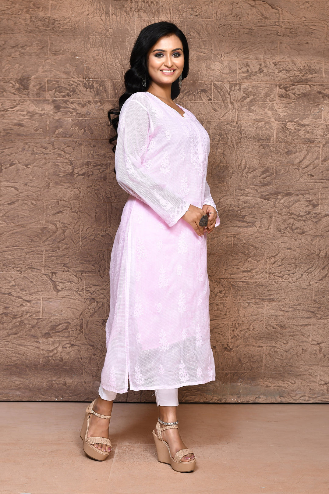 Baby Pink Chikankari Kurta With Voil Cotton Lining