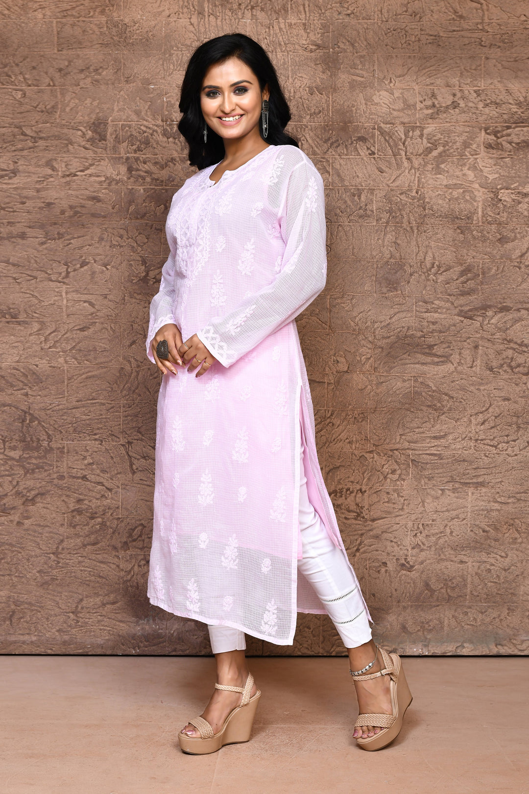 Baby Pink Chikankari Kurta With Voil Cotton Lining