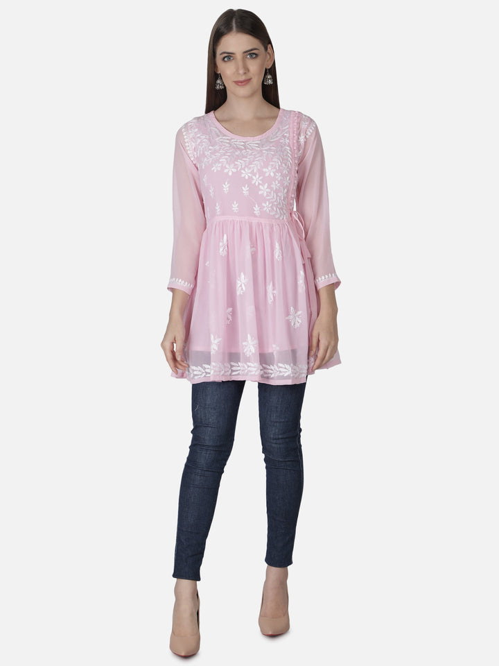 Pink Georgette Angarkha Chikankari Tunic Top With Slip