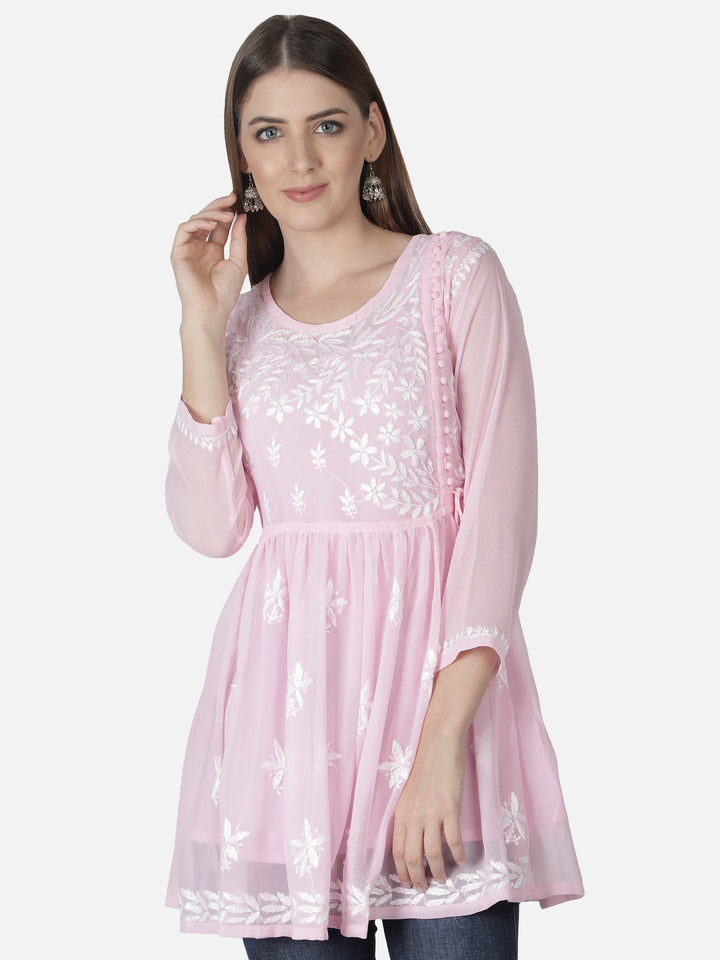 Pink Georgette Angarkha Chikankari Tunic Top With Slip