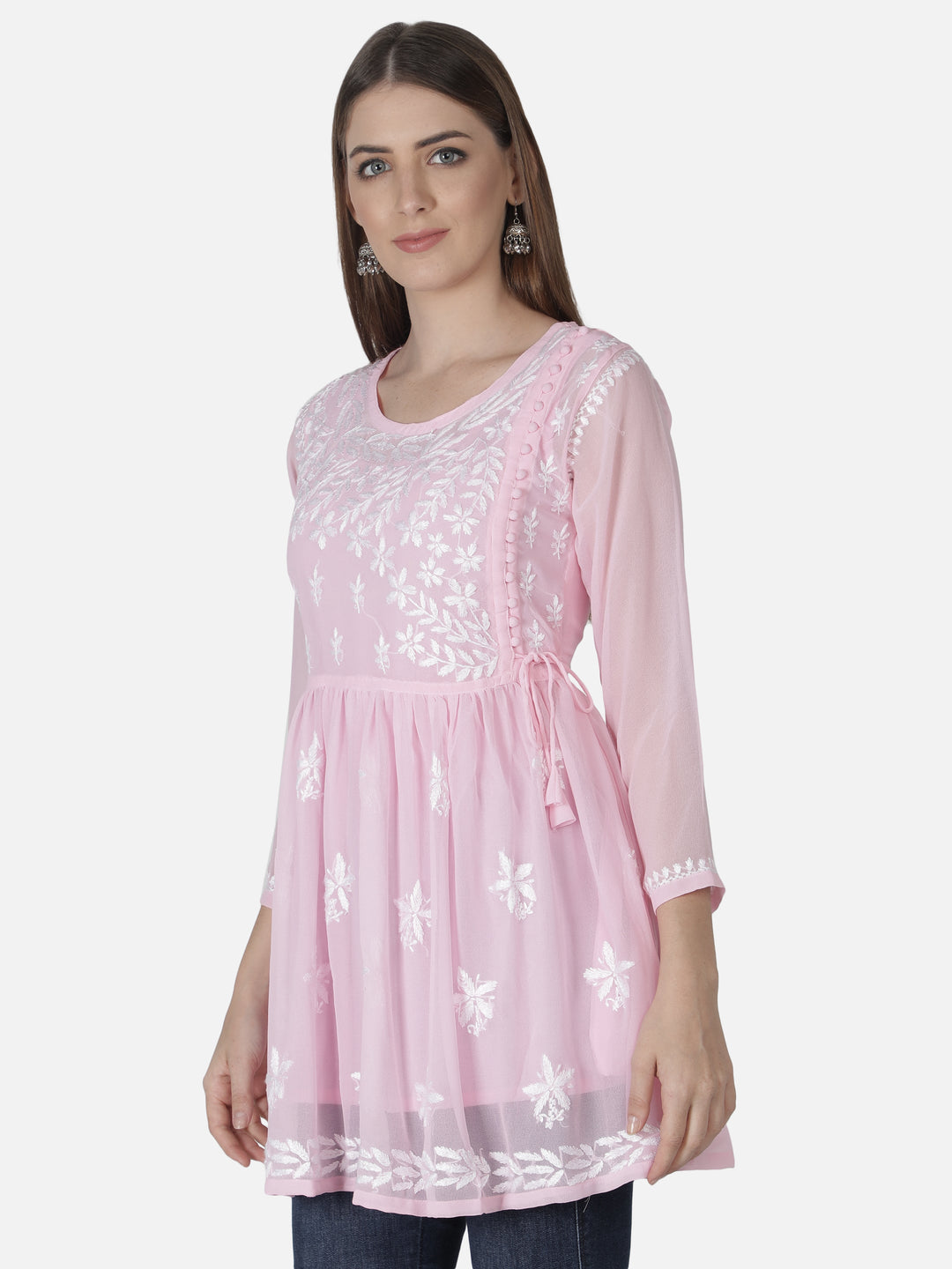 Pink Georgette Angarkha Chikankari Tunic Top With Slip