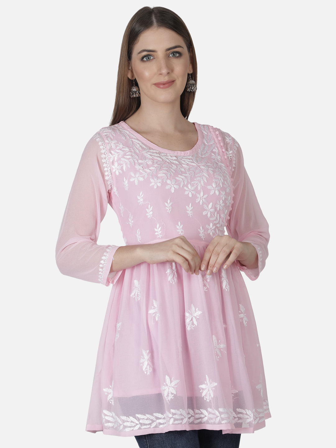 Pink Georgette Angarkha Chikankari Tunic Top With Slip