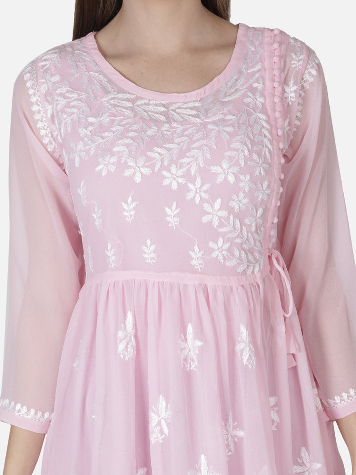 Pink Georgette Angarkha Chikankari Tunic Top With Slip