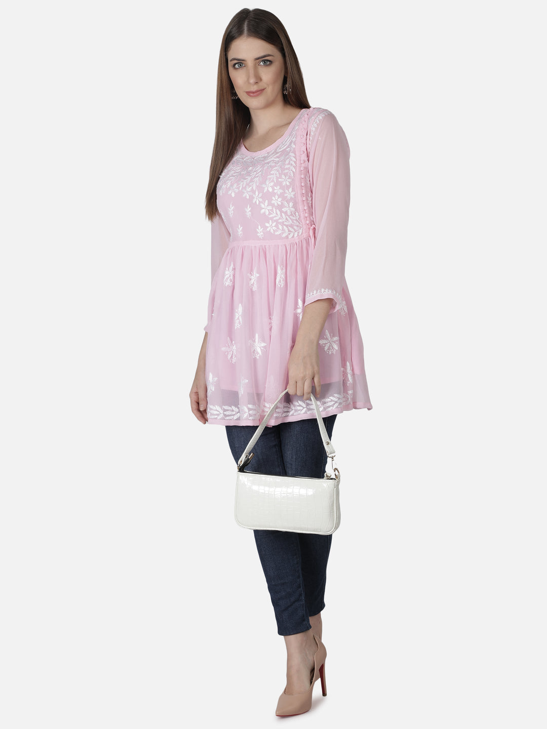 Pink Georgette Angarkha Chikankari Tunic Top With Slip