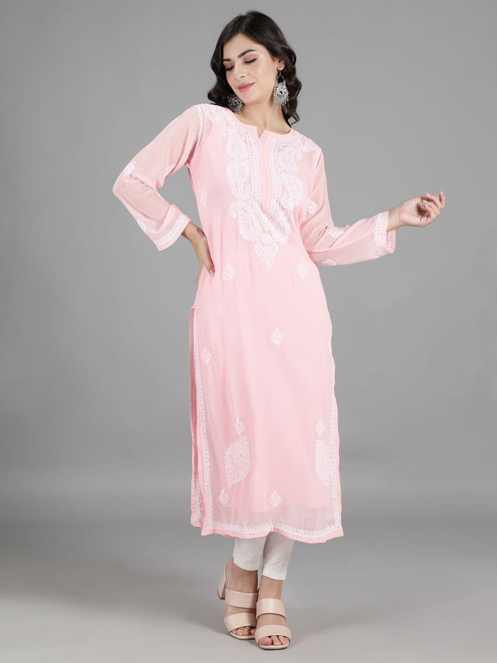 Baby Pink Kurta in White Chikan Threadwork