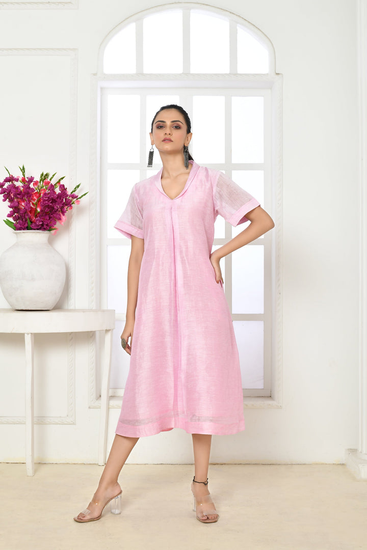 Baby Pink Linen Silk Calf-Length One-Piece Dress