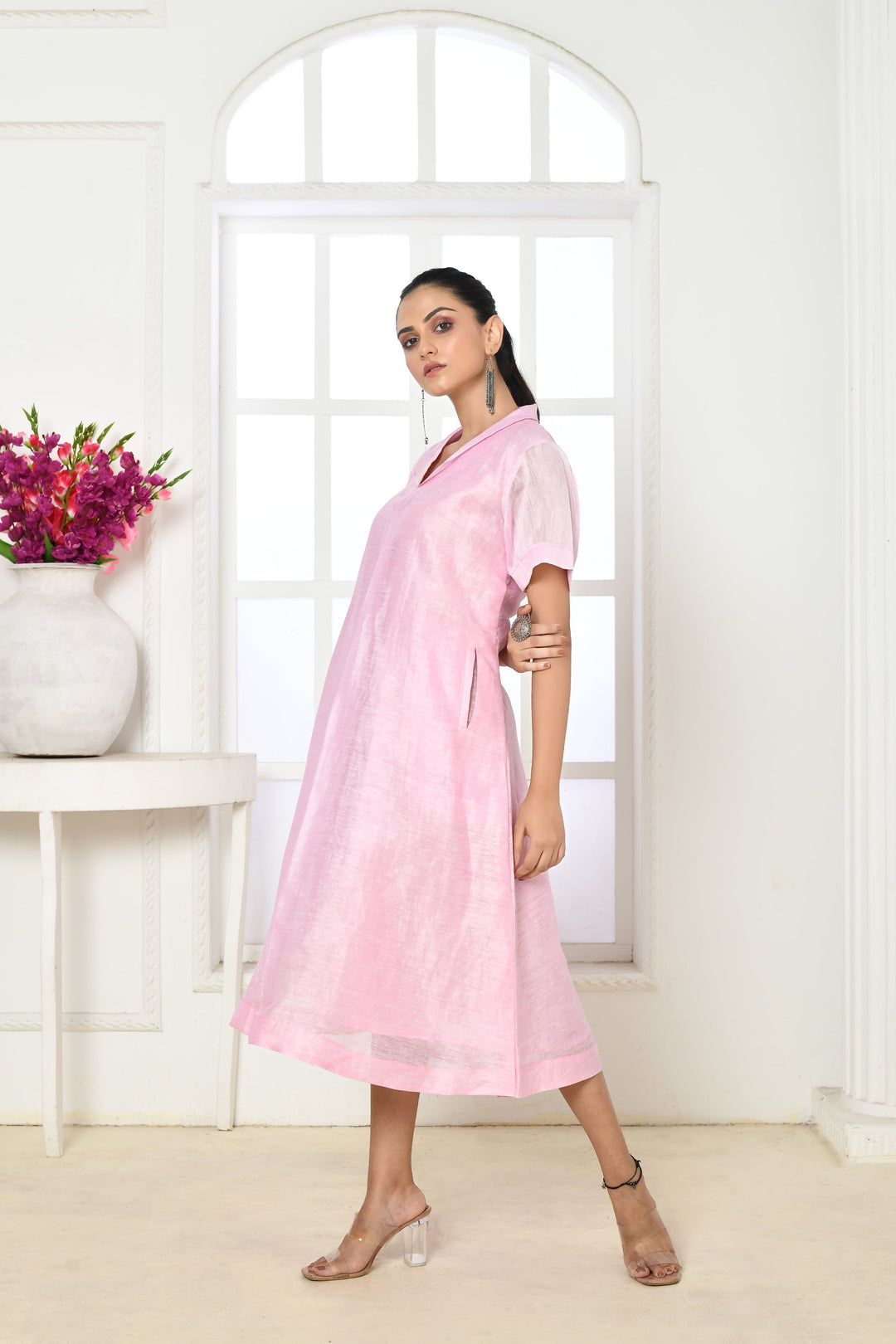 Baby Pink Linen Silk Calf-Length One-Piece Dress