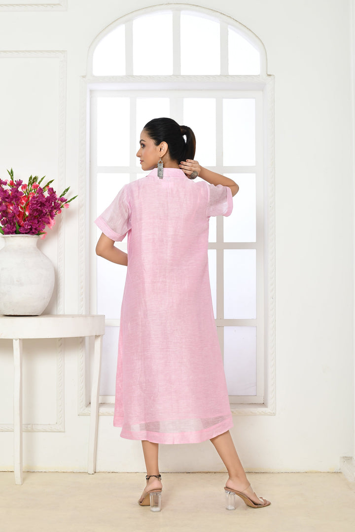 Baby Pink Linen Silk Calf-Length One-Piece Dress